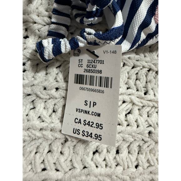 NWT VS PINK Bikini Scrunchie Triangle Top & Hi Waist Bottom Sz S Flamingo Stripe - Picture 13 of 16